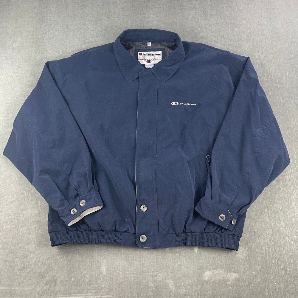 Vintage‎ Champion Mens 2XL Navy Blue Windbreaker Jacket Full Zip Harrington Logo